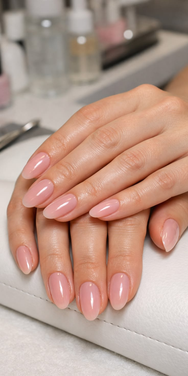 Alongamento amendoado em gel rosé natural com acabamento glossy