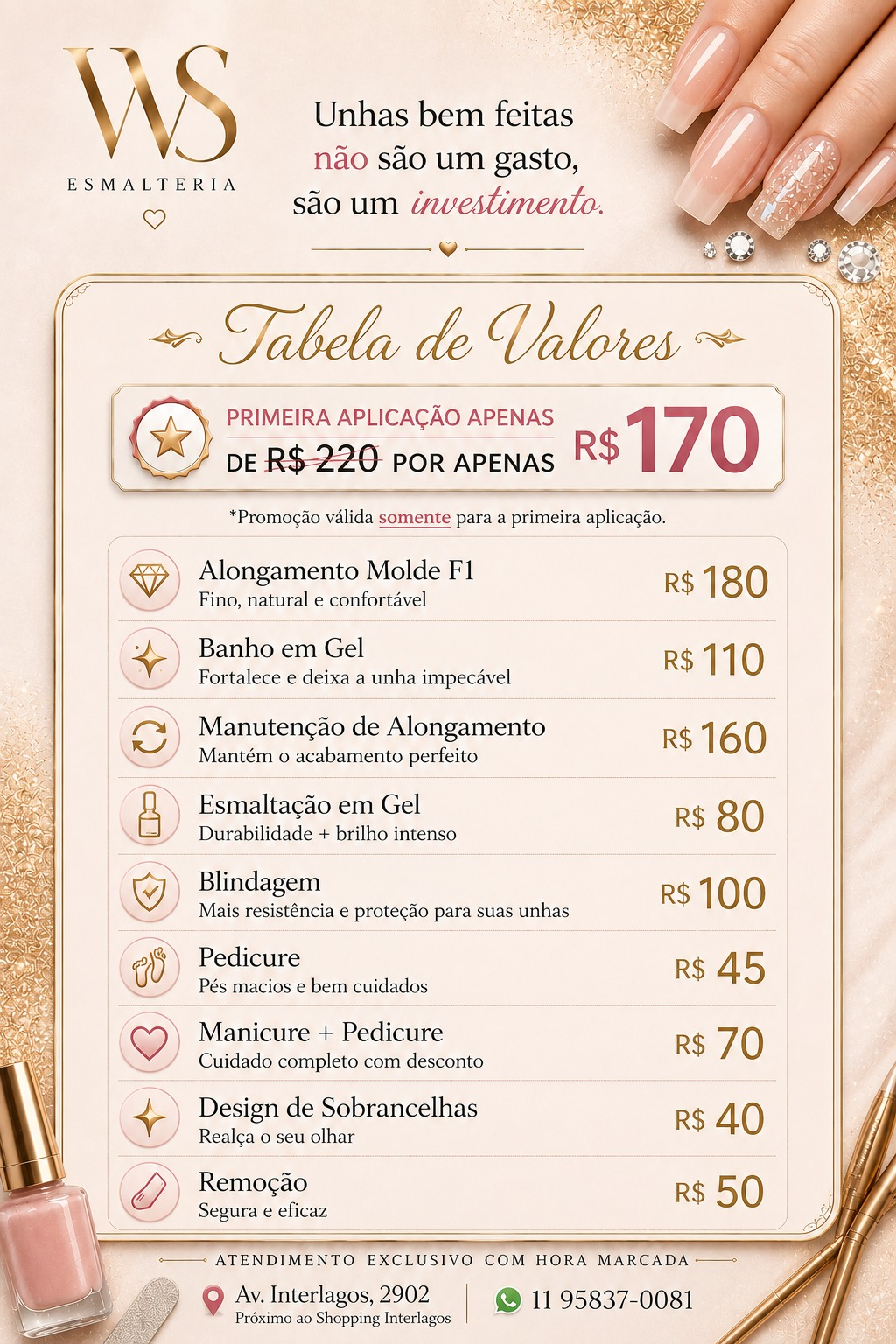 Tabela de preços da WS Esmalteria: alongamento em gel, manutenção, esmaltação em gel e francesinha