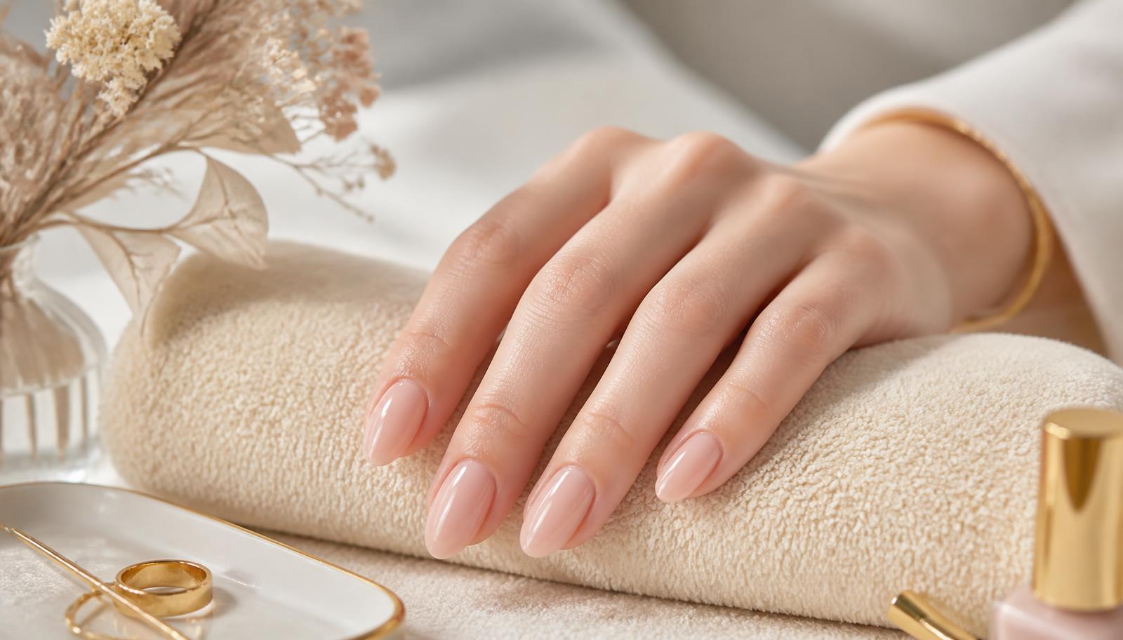 Mão com unhas em gel nude descansando em toalha creme em salão de unhas